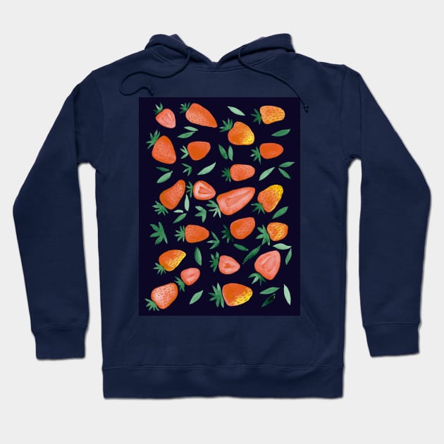 Watercolors strawberries - orange on dark background Hoodie by wackapacka